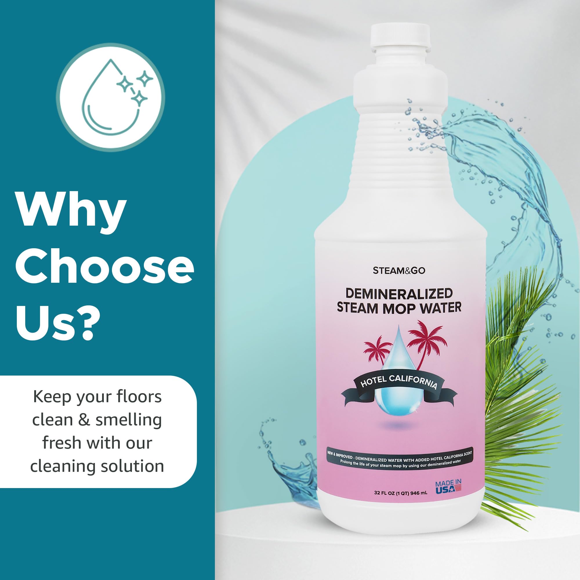 Steam & Go Demineralized Water for Steam Mop – Hotel California Scent, 32 Ounces (Pack of 1) | Scented Floor Cleaner Solution, Ready-to-Use, Compatible with Any Steam Cleaner
