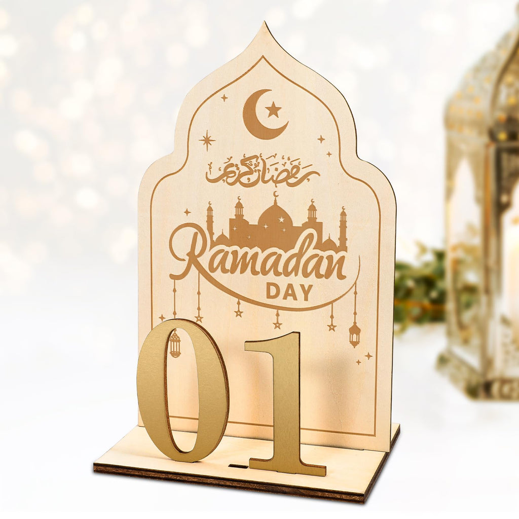 HOWAF Wooden Ramadan Advent Calendar, Ramadan Countdown Calendars with 30 Days Til Eid, Reusable Ramadan Decorations for Home, Islamic Eid Table Decorations for Gift, Moon & Mosque Design