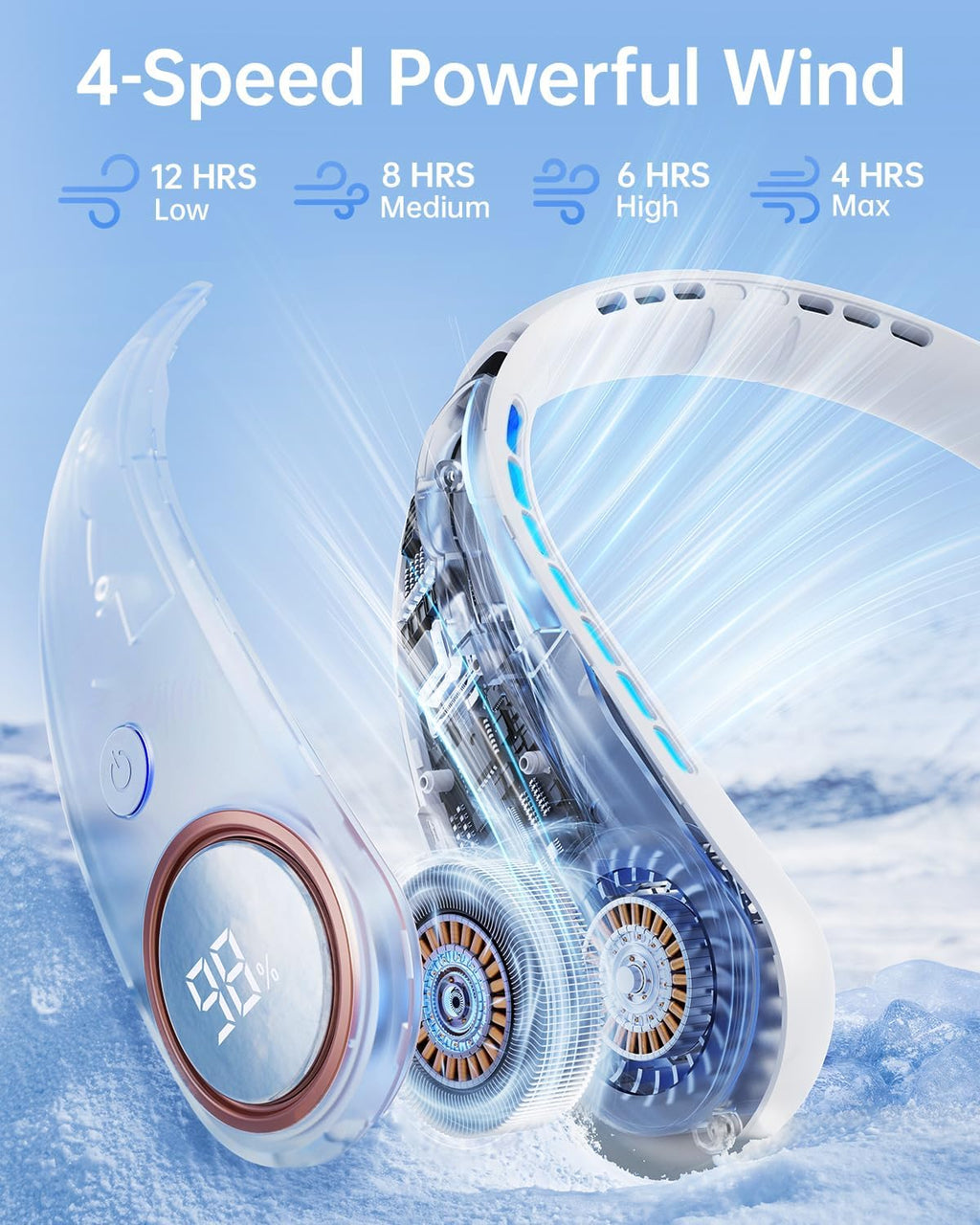 Neck Fan - Bladeless Portable Cooling Neck Fan with LED Display & 4 Speeds | 5000mAh USB Rechargeable (White)
