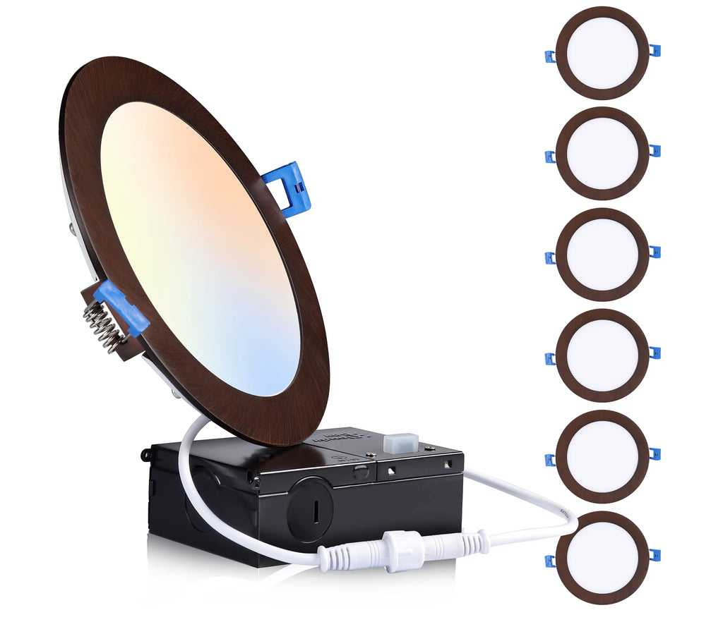 Cloudy Bay 6 inch 3000K/ 4000K/ 5000K Three Color Temperature Selectable,Dimmable 15W CRI90+,Ultra Thin LED Recessed Light with Junction Box,IC Rated, Canless Wafer Downlight, Oil Rubbed Bronze,6 Pack