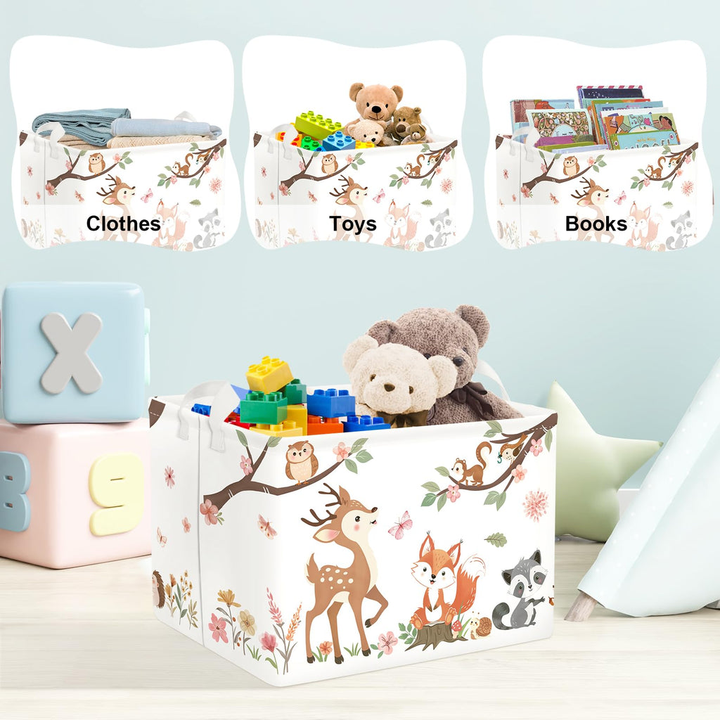 Clastyle Forest Animal Baby Storage Basket Leaf Kid Laundry Hamper Boy Girl Gift Toy Box Collapsible Clothes Organizer Nursery Bin for Bedroom, Pink Deer, 40x30x30 cm