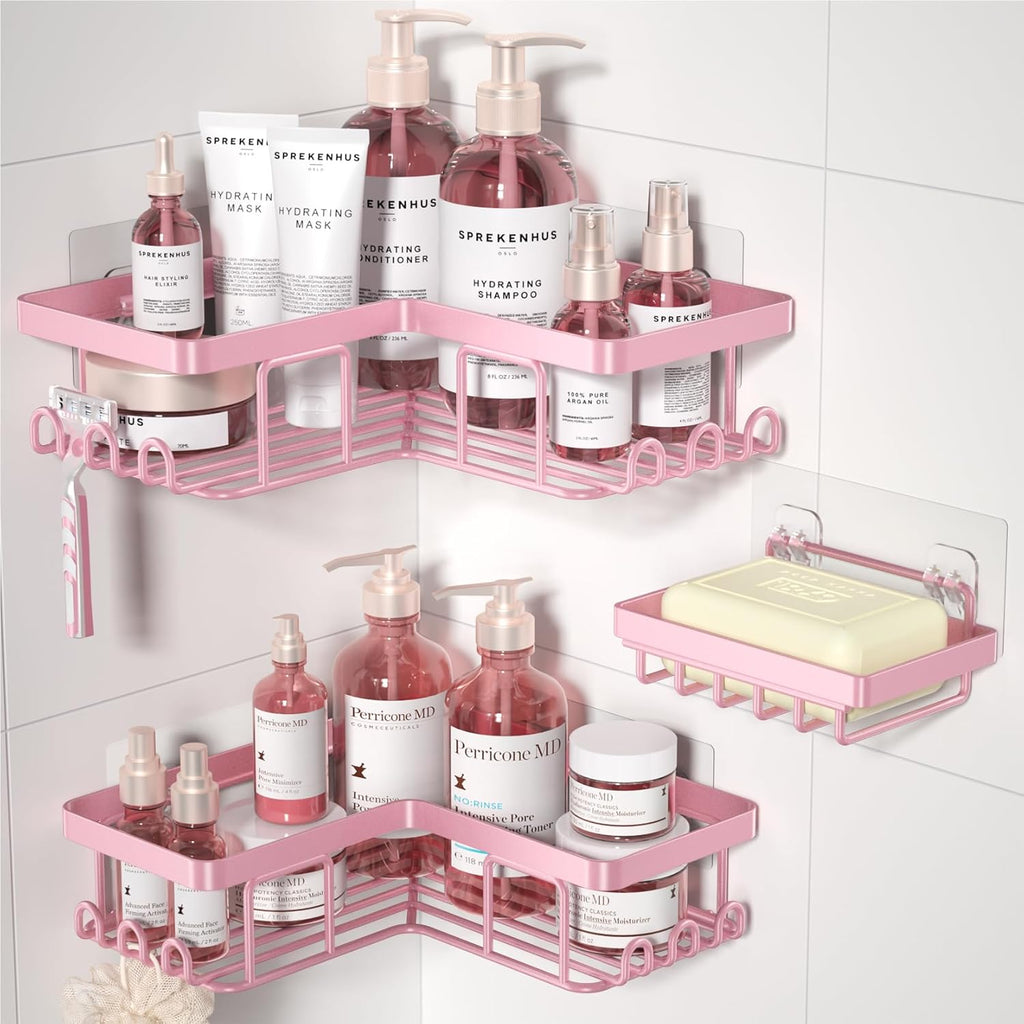 YASONIC Corner Shower Caddy - Rustproof Stainless Steel Bathroom Organizer | No Drilling, 3-Pack, Pink