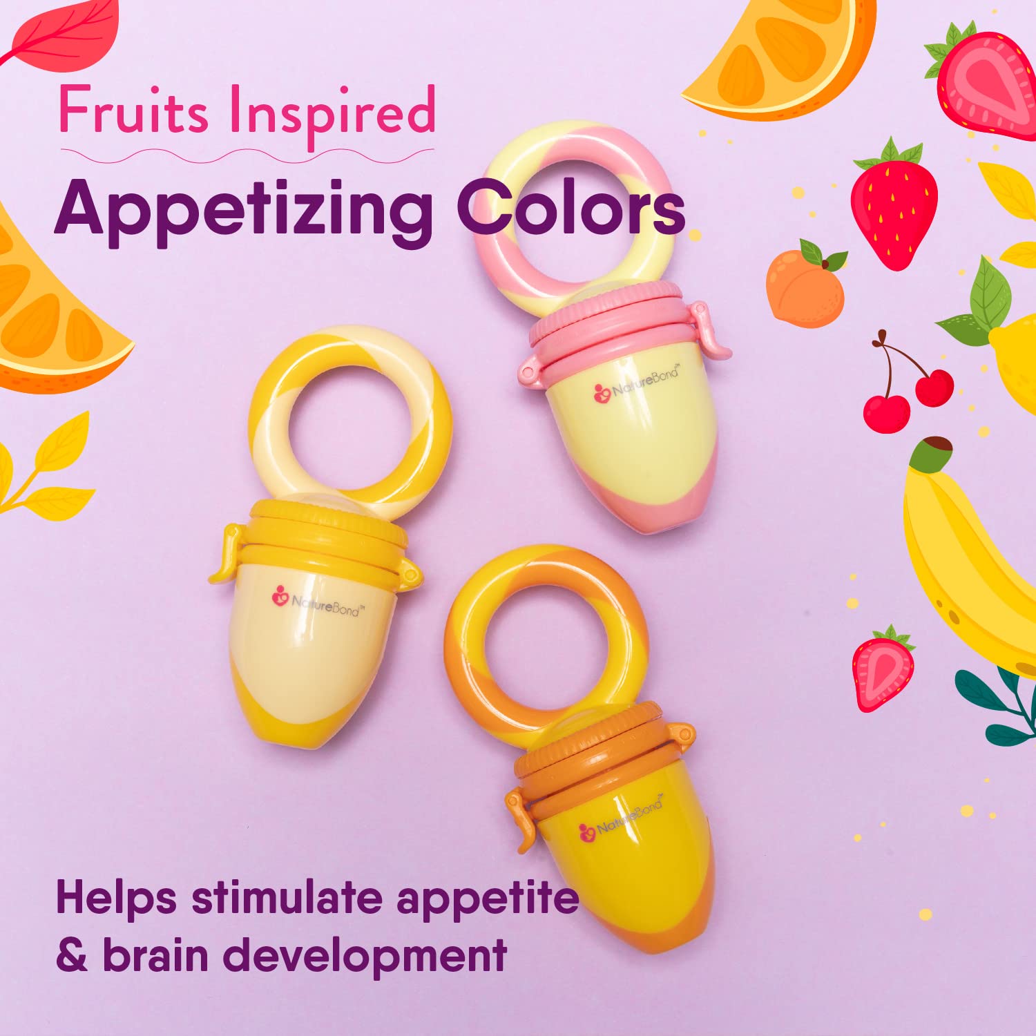 NatureBond Baby Food Feeder - 2 Pack Fruit Pacifier Nibbler & Teething Toy in Vibrant Colors | Extra Silicone Sacs Included