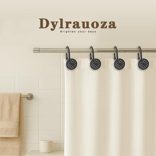 Dylrauoza Black Shower Curtain Hooks, 12 Pack Modern 3D Beaded Decorative Shower Curtain Rings, Rust Proof Heavy Duty Metal Shower Hangers for Bathroom Rods
