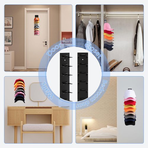 Hat Organizer - Skiennix 2-Pack Wall Rack for Up to 18 Baseball Caps | Strong Adhesive Hooks, Black