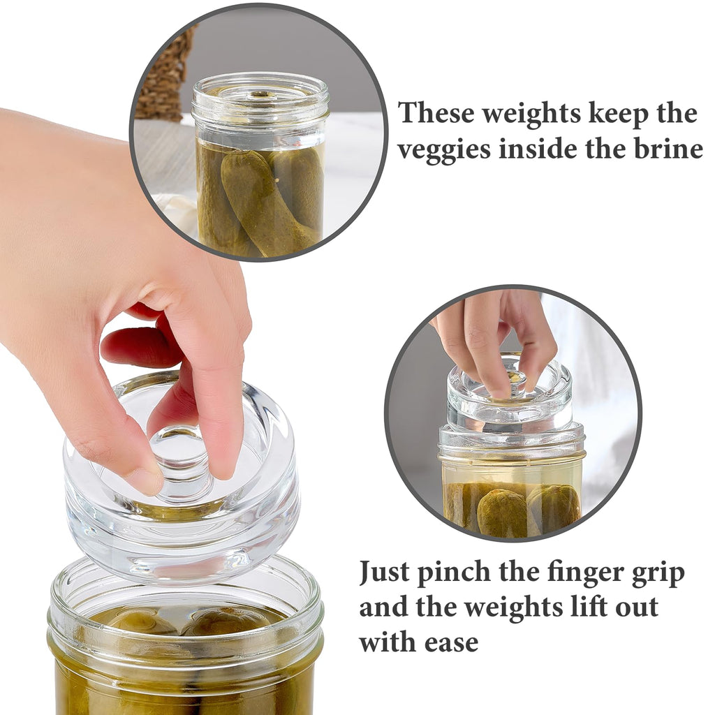MFacoy 4-Pack of Fermentation Glass Weights with Easy Grip Handle for Great Wide Mouth Canning Mason Jars, Pickling Sourkrout Kraut Glass Weight Fermentation Kit with Easy Grip Handle, Dishwasher Safe