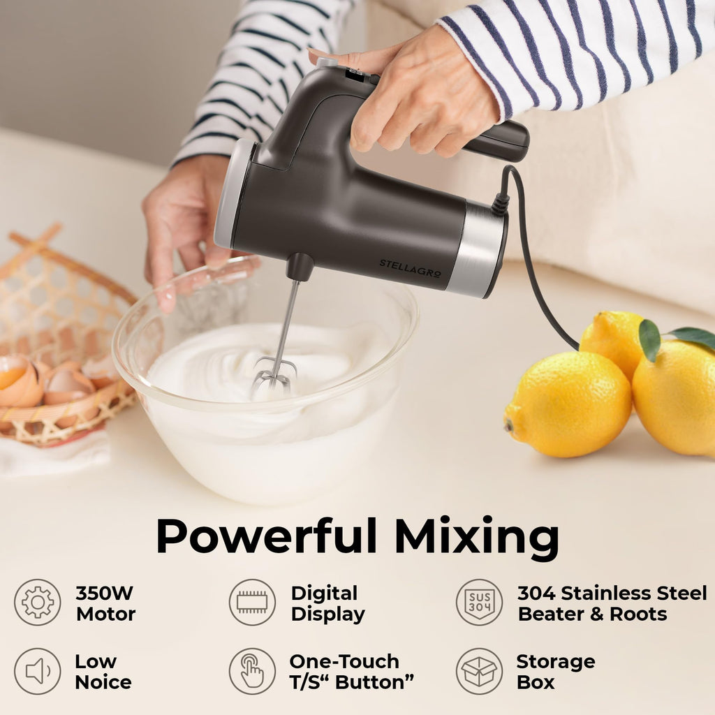 Stellagro Electric Hand Mixer 9 Speed with Stainless Steel Whisk, Flat Beater & Dough Hook, Snap Storage Case, Compact Lightweight 350 W Powerful handheld mixer for Baking & Cooking, Gray