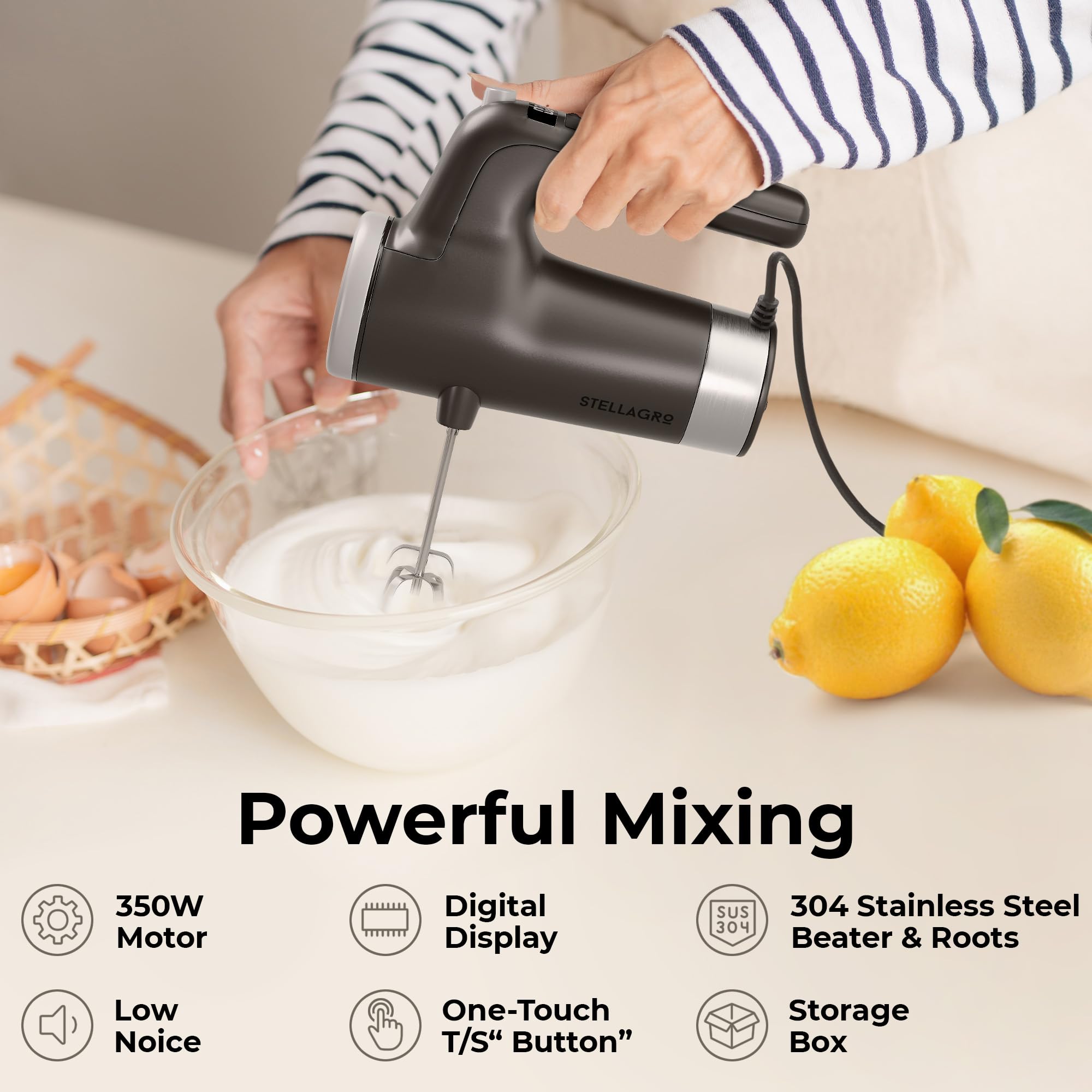 Stellagro Electric Hand Mixer 9 Speed with Stainless Steel Whisk, Flat Beater & Dough Hook, Snap Storage Case, Compact Lightweight 350 W Powerful handheld mixer for Baking & Cooking, Gray