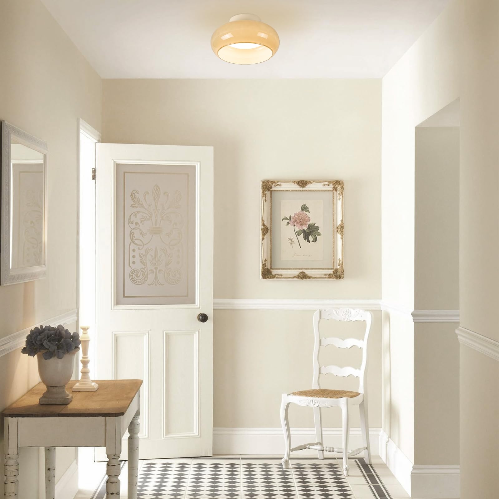 TeHenoo Modern LED Ceiling Light,11 inch,Olive Green Milk Glass Shade,3000K/Warm White/15W,Mid Century Flush Mount Light for Hallway,Laundry Room,Living Room