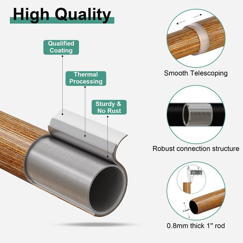 QDWIS Wood Curtain Rods for Windows 66 to 120 Inch, 1'' Adjustable Decorative Drapery Rods with Imitation Wood Grain Leaf Pattern Finials, Boho Heavy Duty Long Window Curtain Rods Set 36''-120''