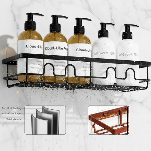 Adhesive Shower Caddy - Large Capacity Bathroom Organizer | No Drill Black Shower Shelves, 2 Pack