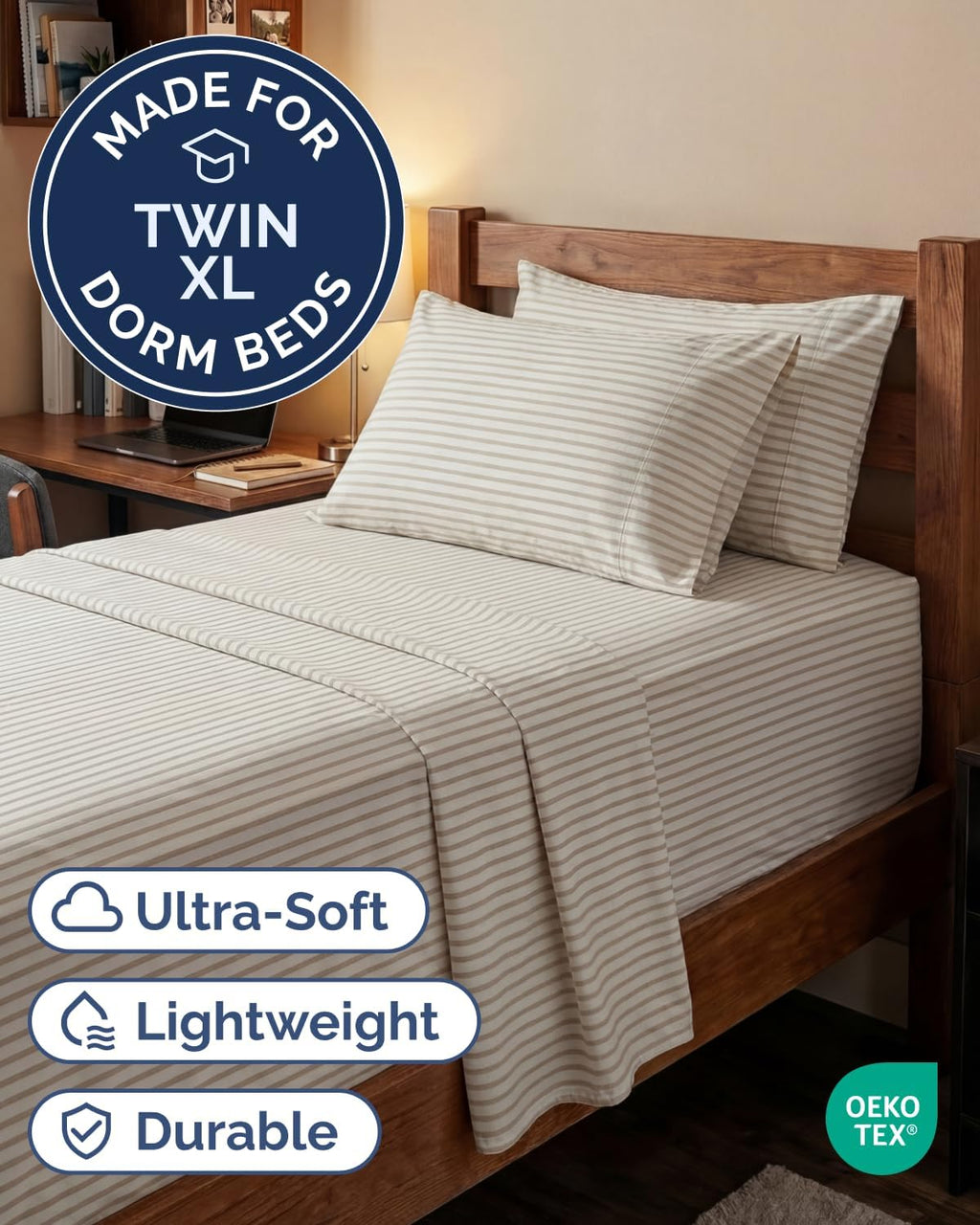Skiennix Extra Deep Twin XL Sheet Set - 4 Piece Breathable Cooling Bedding - Soft Wrinkle-Free Beige Stripes