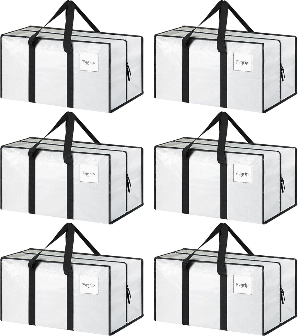 Skiennix 6 Pack Extra Heavy Duty Moving Bags - Strong Zipper & Comfortable Handles | Durable Storage Totes in White