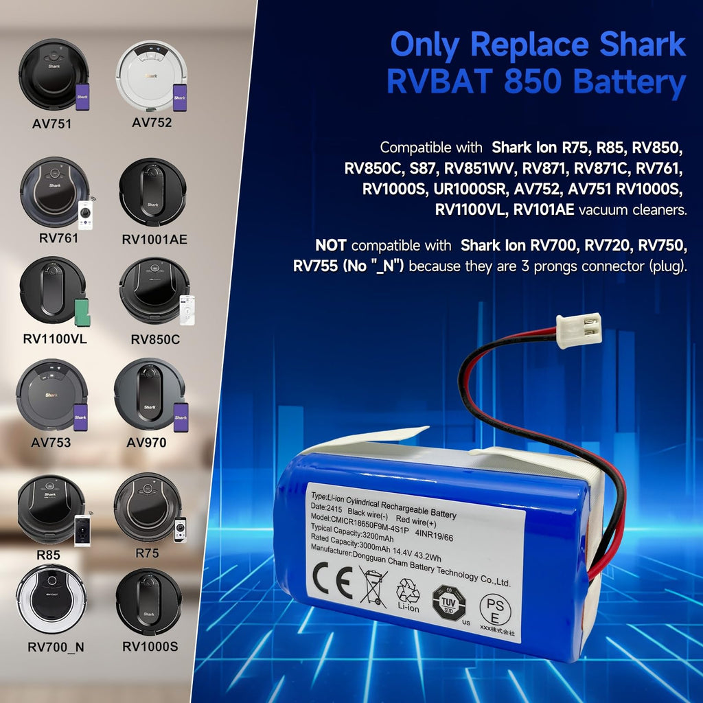 Replacement Shark RVBAT850 Battery for Shark Ion R75 R85 RV850 S87 AV752 AV751 RV761 RV851WV RV871 RV1000S RV1100VL RV101AE UR1000SR vacuum 3200mAh 14.4v/14.8v OEManufacturer CHAM (2-Prong Connector)