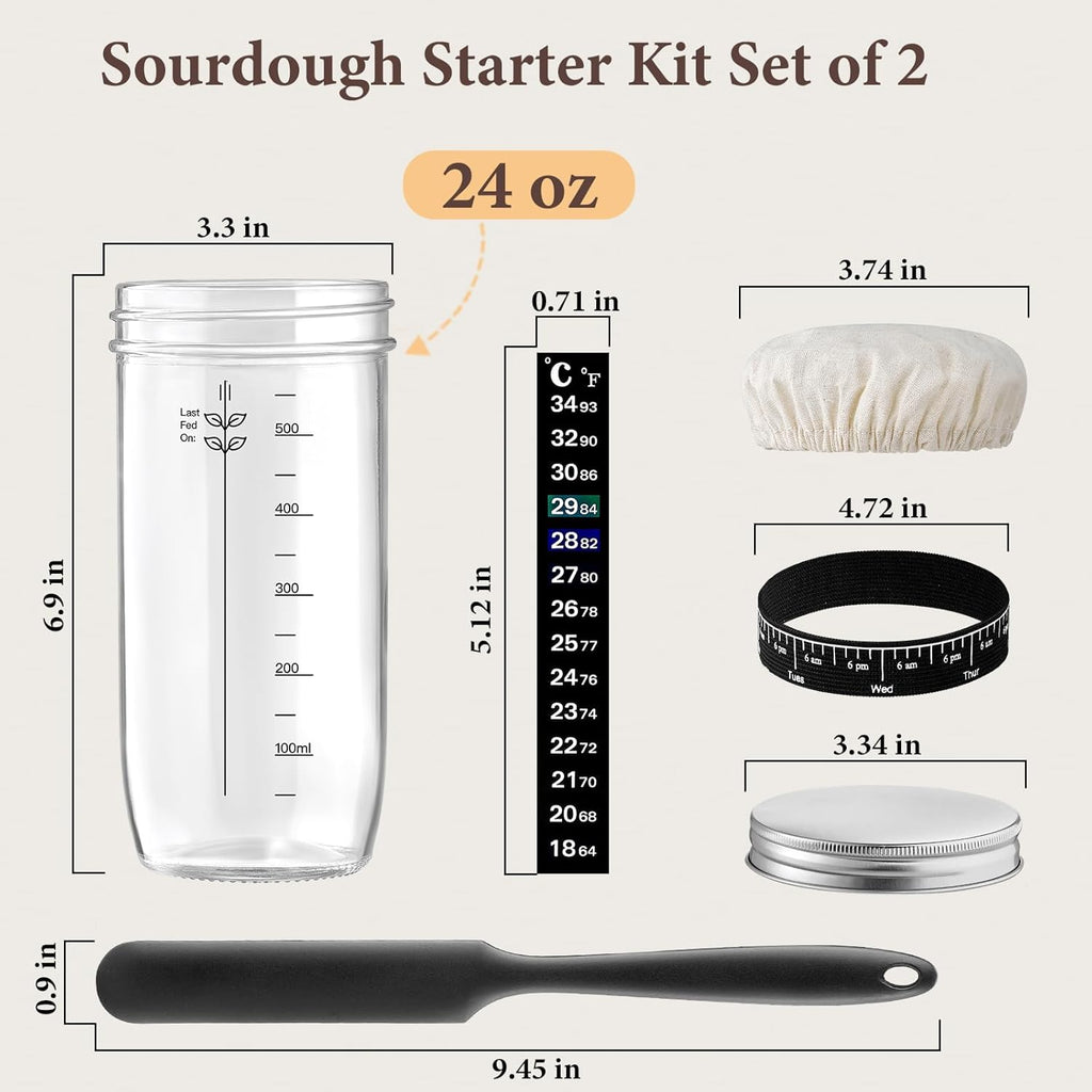 Skiennix Glass Sourdough Starter Jar Kit - 24 oz Wide Mouth with Date Marked Band & Thermometer