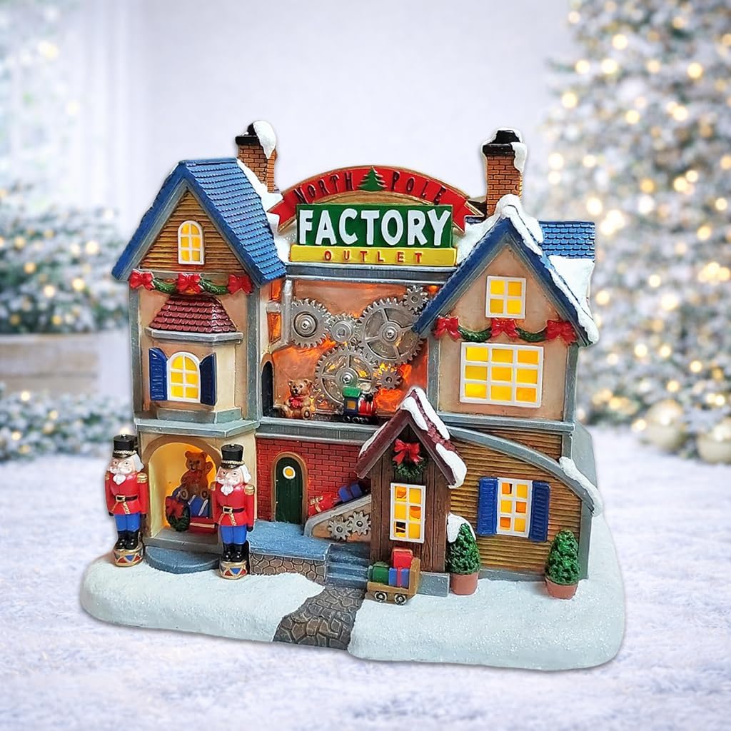 MOMENTS IN TIME LED Lighted Animated Christmas Village House - Hand-Painted, Battery Operated, 8.3”H