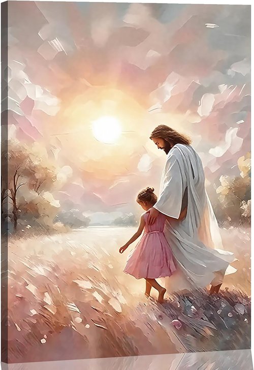 Jesus and Children Canvas Art Print - Soft Pink Sunset Wall Decor for Nursery & Living Room | 16x24 in