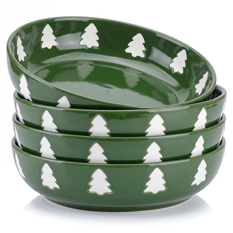 Christmas Tree Ceramic Pasta Bowls Set of 4 – Green with White Tree Pattern, 40 oz