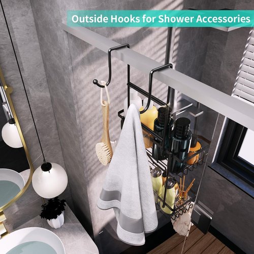 HapiRm Hanging Shower Caddy - No Drill Adhesive Organizer with 11 Hooks | Rustproof 304 Stainless Steel - Black
