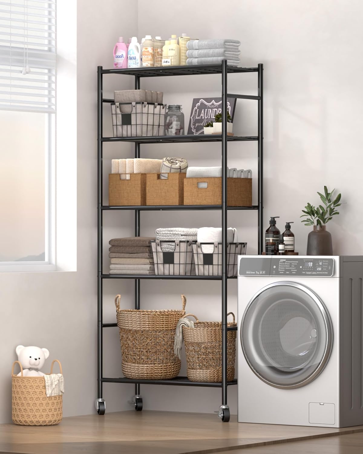 Sakugi 5-Tier Metal Storage Shelves Organizer - Heavy-Duty Rolling Shelf for Kitchen, Pantry & Closet | 33.1"x12.6"x73.5", Black