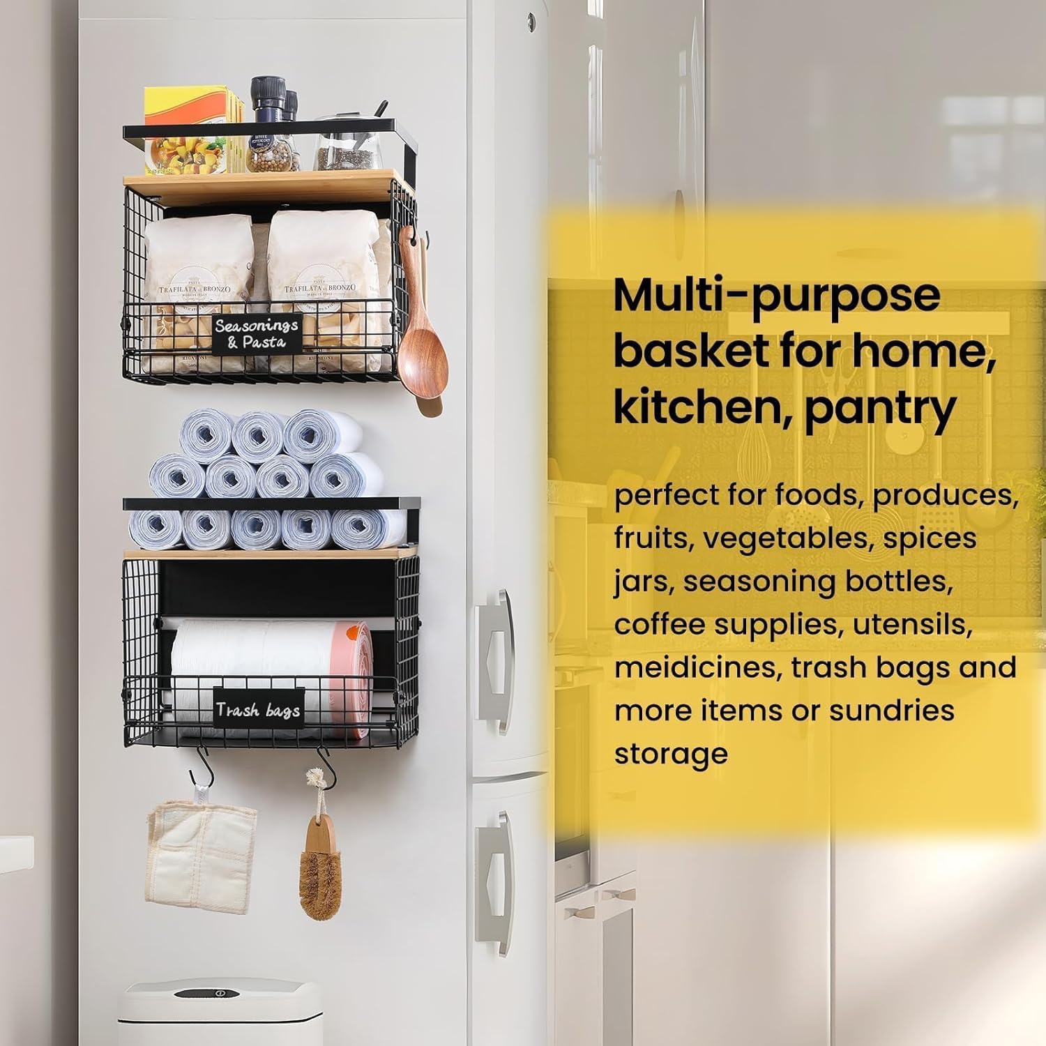 WIDER SHELF Magnetic Shelf Basket Set - XXL Large Bamboo Top Spice Rack for Fridge & Pantry Storage