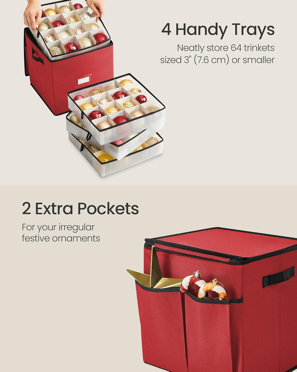 SONGMICS Christmas Ornament Storage Box - Stackable Dual-Zipper Container with 64 Slots, Cherry Red