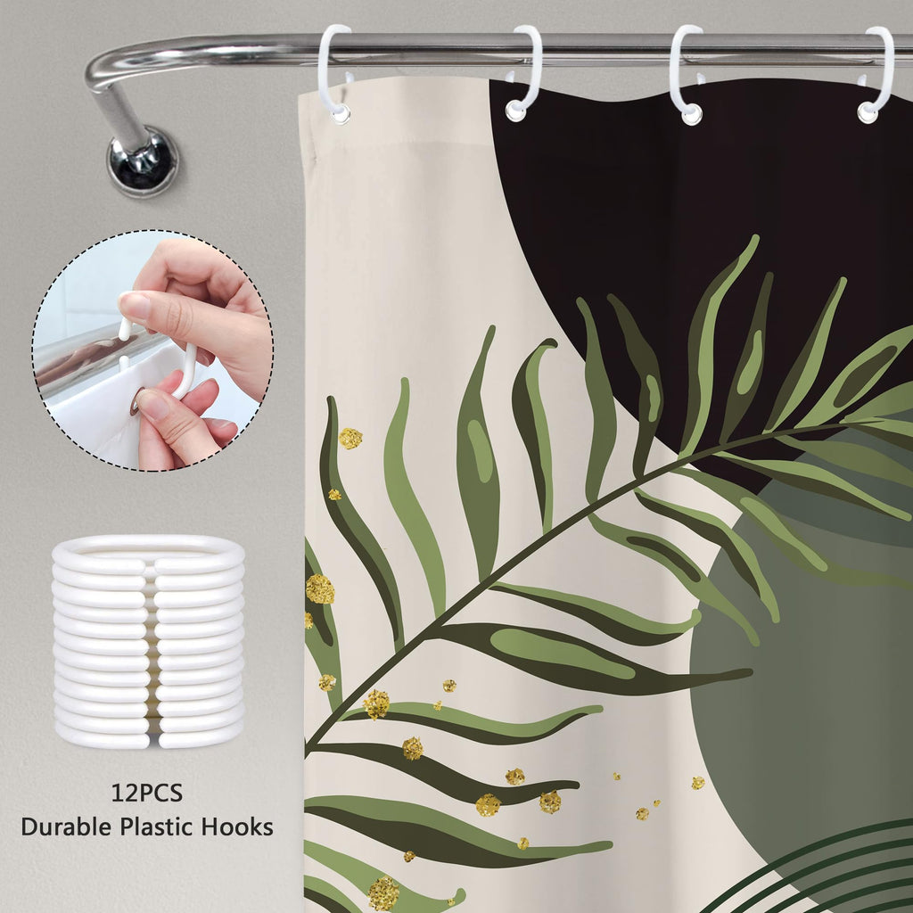 Mitpok Dark Green Boho Shower Curtain 60Wx72H Teal Green Modern Bohemian Mid Century Abstract Gold Leaves Plant Bathroom Decor Minimalist Geometric Neutral Bath Curtain Fabric Polyester 12 Pack Hooks