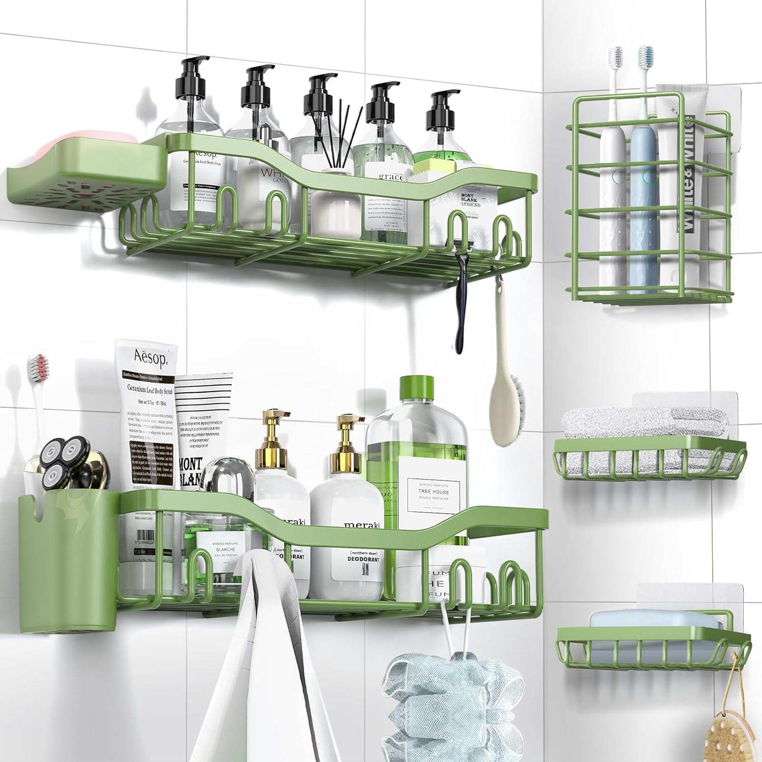 NESOMI Shower Caddy - Rustproof Stainless Steel Organizer with Soap Dish & Hooks | 7-Pack, No-Drill Storage