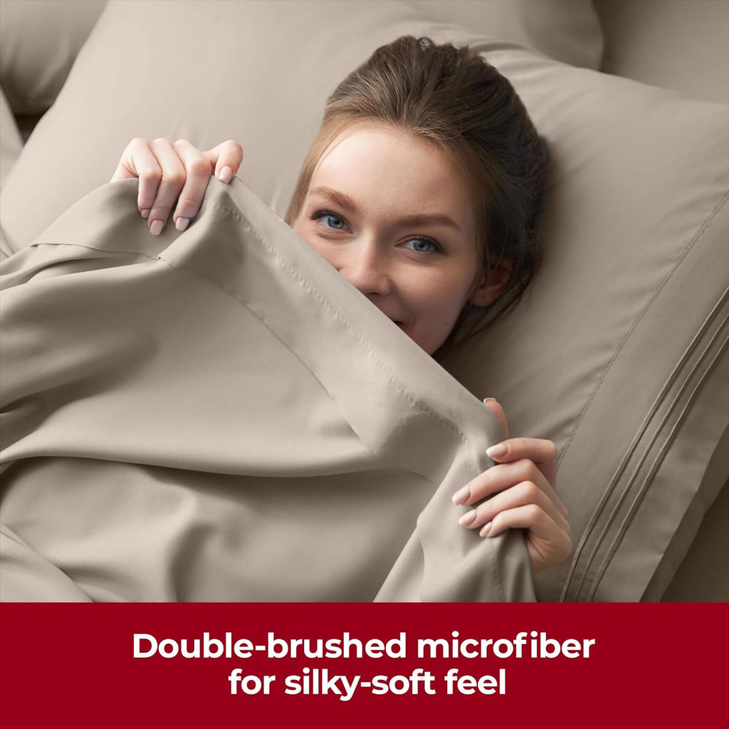 Mellanni Extra Deep California King Sheets - Hotel Luxury, Ultra Soft & Cooling - 4 PC Tan Set