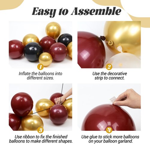 FOTIOMRG Burgundy Balloon Arch Garland Kit with Burgundy Maroon Black Gold Foil Balloons for Birthday Graduation Bridal Shower Party Decorations