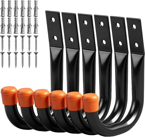 HORUSDY Heavy Duty Metal Wall Hooks - 6-Pack for Garage Storage & Organization | Black J Hooks for Tools & Ladders