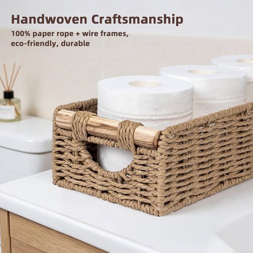 CubesLand Back of Toilet Storage Basket - Handwoven Wicker Organizer with Cut-Out Handle | Neutral Color