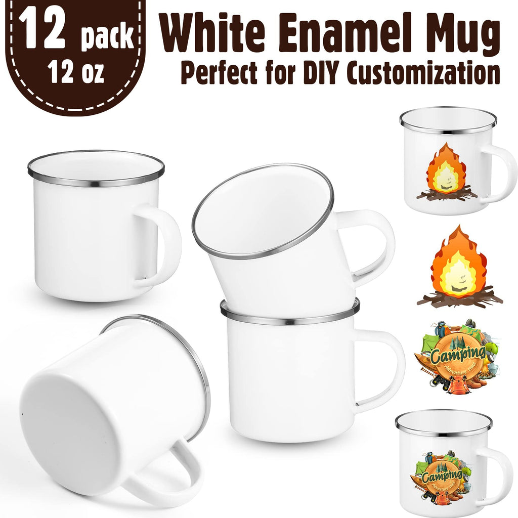 Mimorou 12 Pack Sublimation White Blanks Enamel Coffee Mug Set, 12 oz Camping Outdoor Tea Camp Drinking Cups Travel Metal Skinny Mug with Silver Rim for Party Gifts Picnic Office Home Use