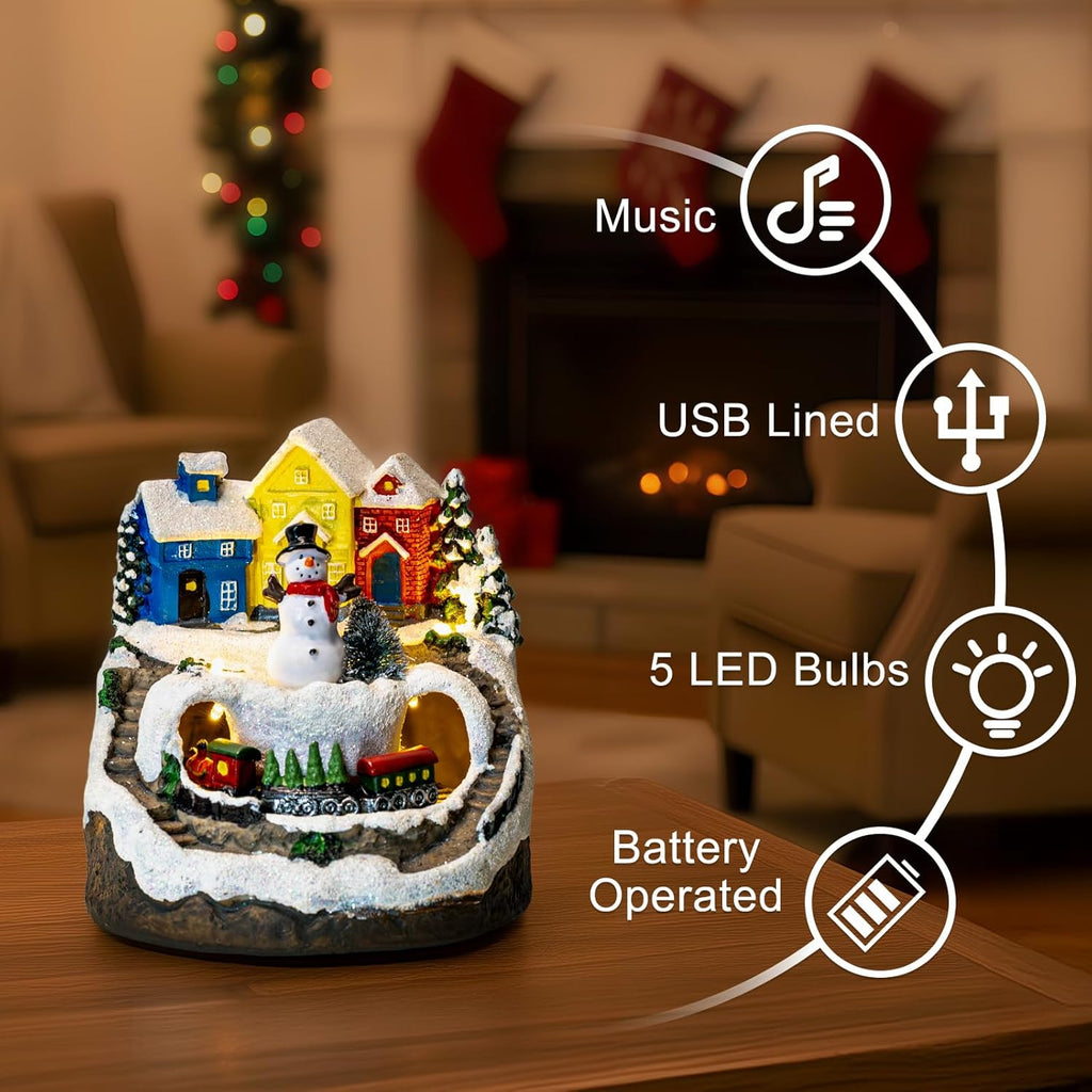 MXwcy Christmas Village House - Moving Train & Music, Lighted Snowman Figurine with 8 Holiday Songs, LED Lights