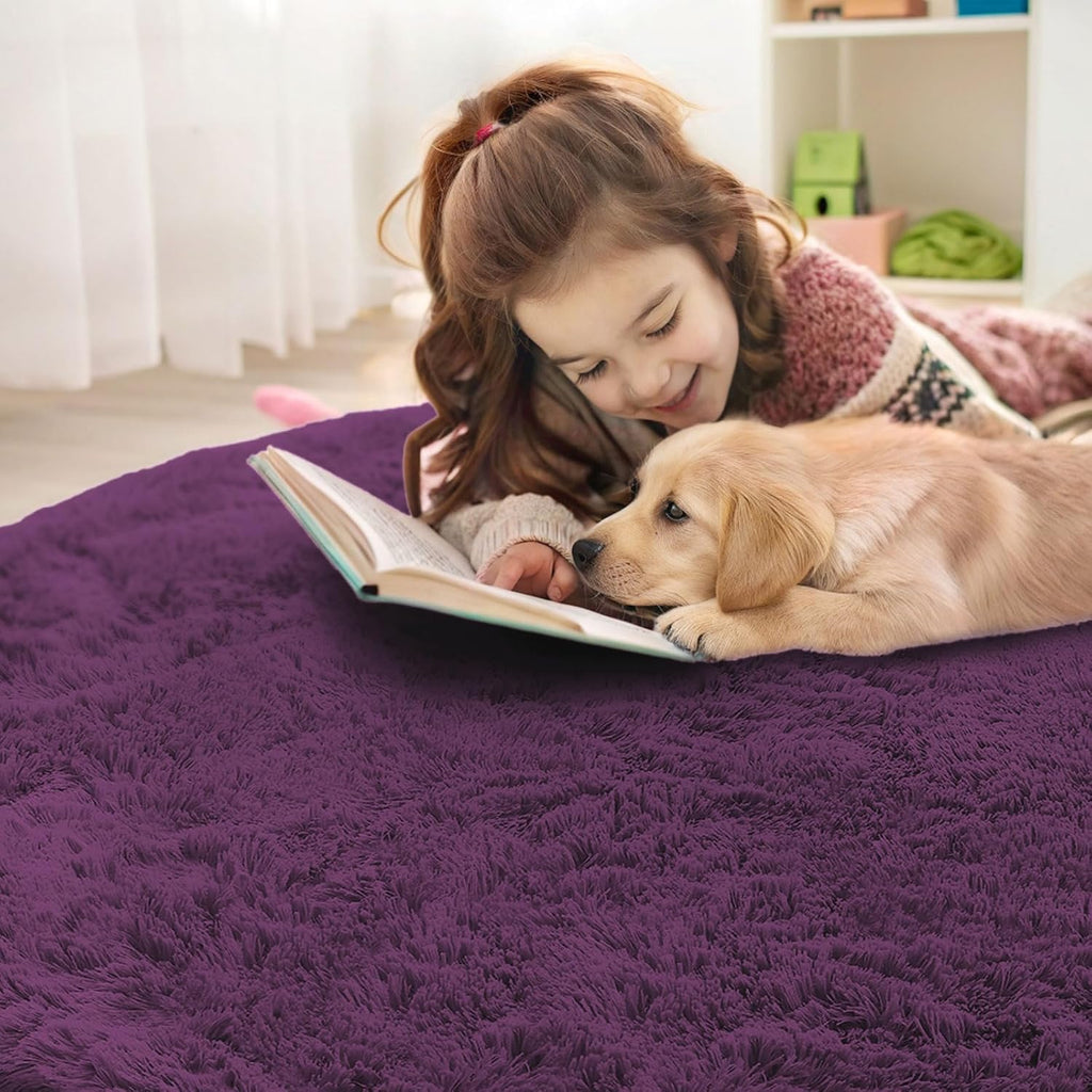 OLANLY Dark Purple Round Rug - Soft, Fluffy Shaggy Carpet for Bedroom | 6 ft Machine Washable Area Rug