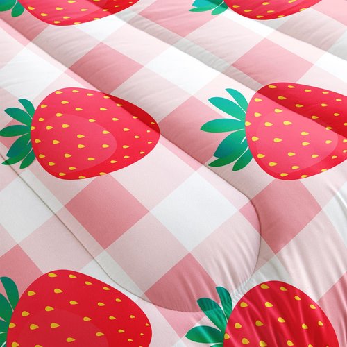 Datura home Kawaii Strawberry Comforter Bedding Set for Girls ,Pink Grid Pattern Bedding Set with 1 Comforter and 2 Pillowcases for Girls Bedroom All Season(Strawberry Full) Full 80x90inches