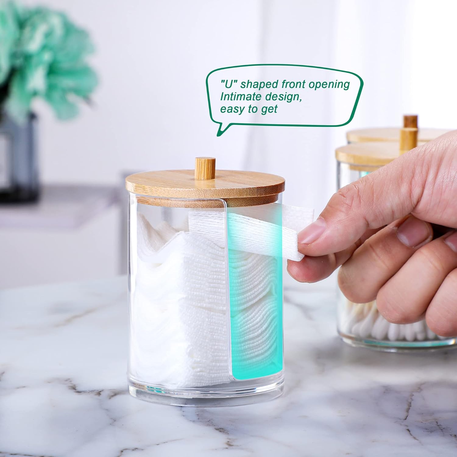 Skiennix Qtip Holder Set - 3 Pcs Clear Acrylic Dispensers with Bamboo Lid for Bathroom Storage