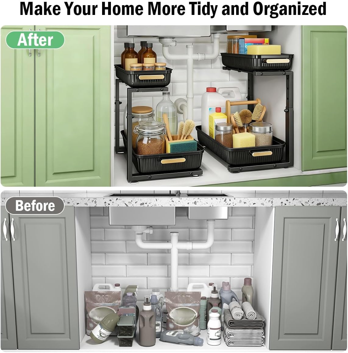 ARSTPEOE Under Sink Organizer - Multi-Purpose Pull-Out Storage Shelves | 2 Packs, Black for Kitchen & Bathroom