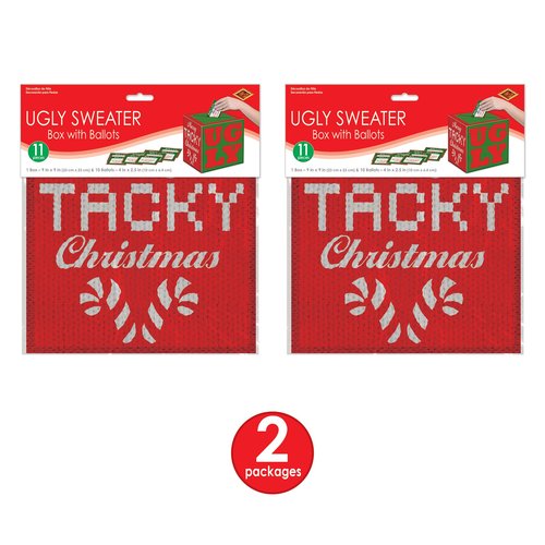 Beistle 2 Pieces Ugly Sweater Ballot Boxes with Ballots, 9" x 9", Red/Green/White