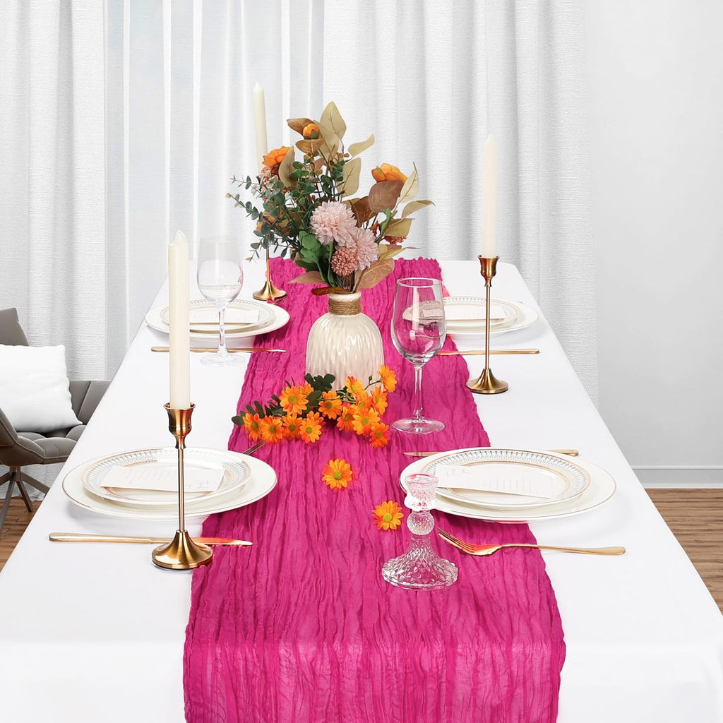 Skiennix 6 Pack Hot Pink Cheesecloth Table Runners - 10Ft Boho Sheer Fabric for Weddings & Parties | 35x120 Inch