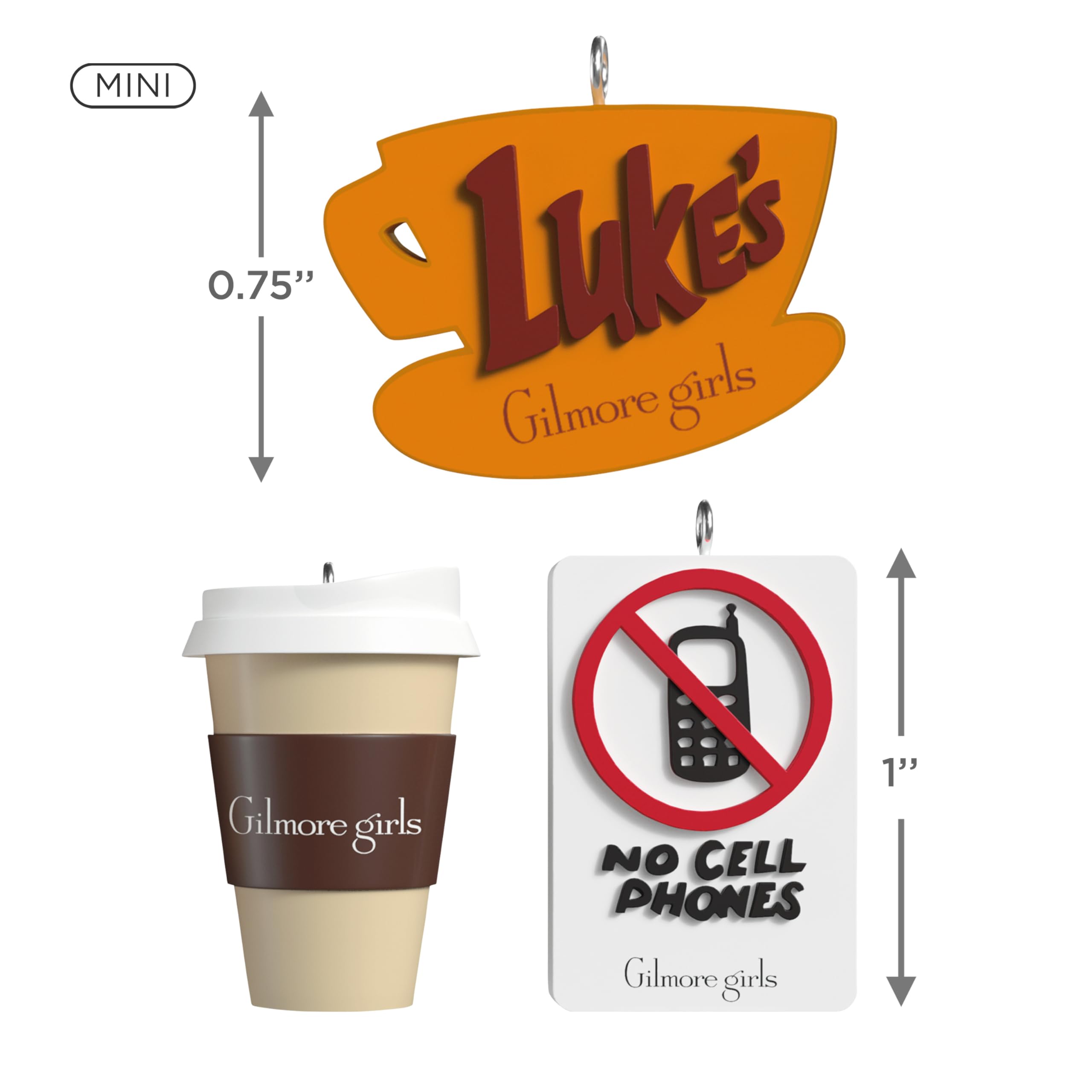 Hallmark Keepsake Mini Gilmore Girls Ornaments, Set of 3 (Luke's Diner, Coffee Cup, No Cell Phones) Tiny Ornaments for Tabletop Tree