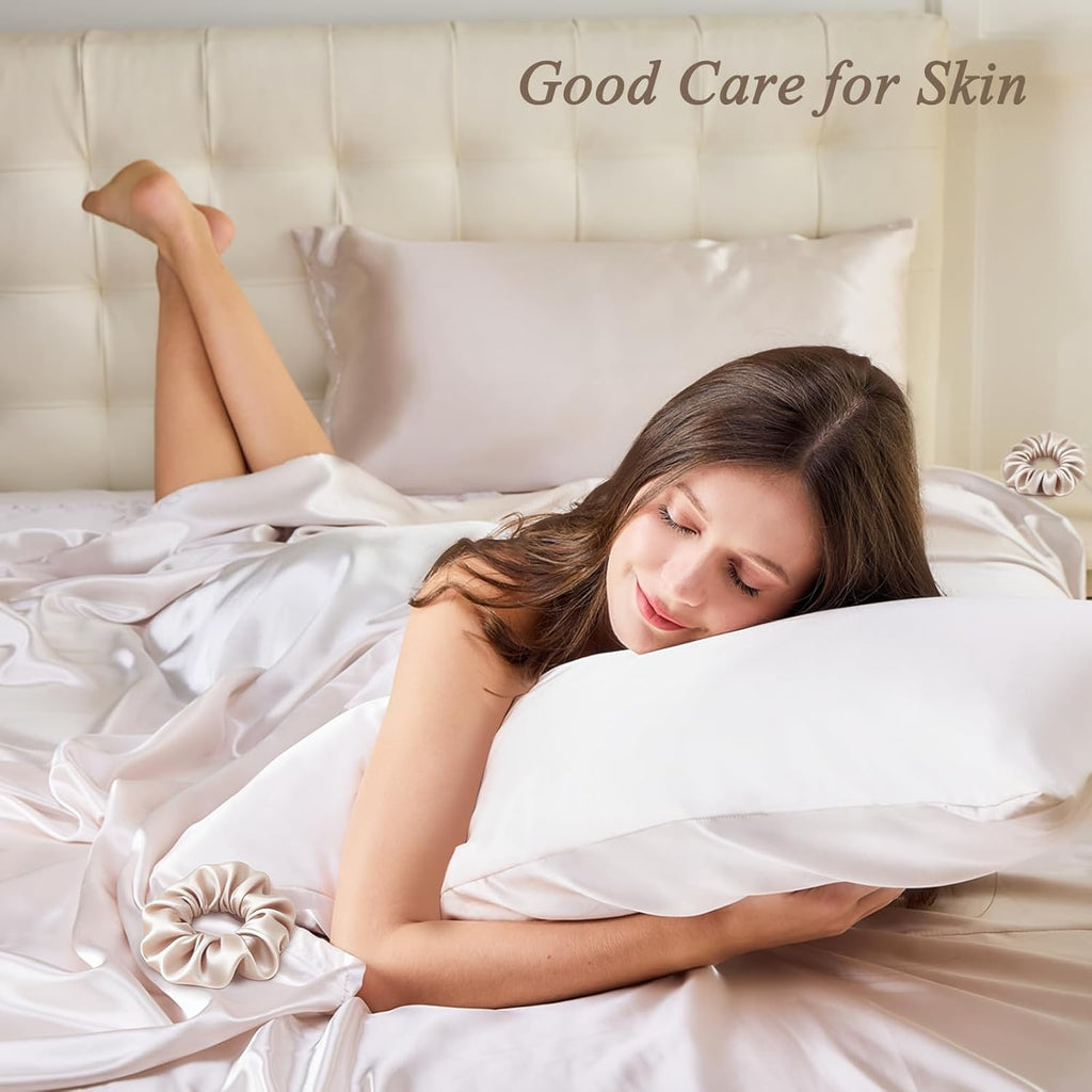 Skiennix Queen Satin Pillowcase Set - Luxurious Hair Care | 2 Beige Pillowcases 20x30 with Scrunchies