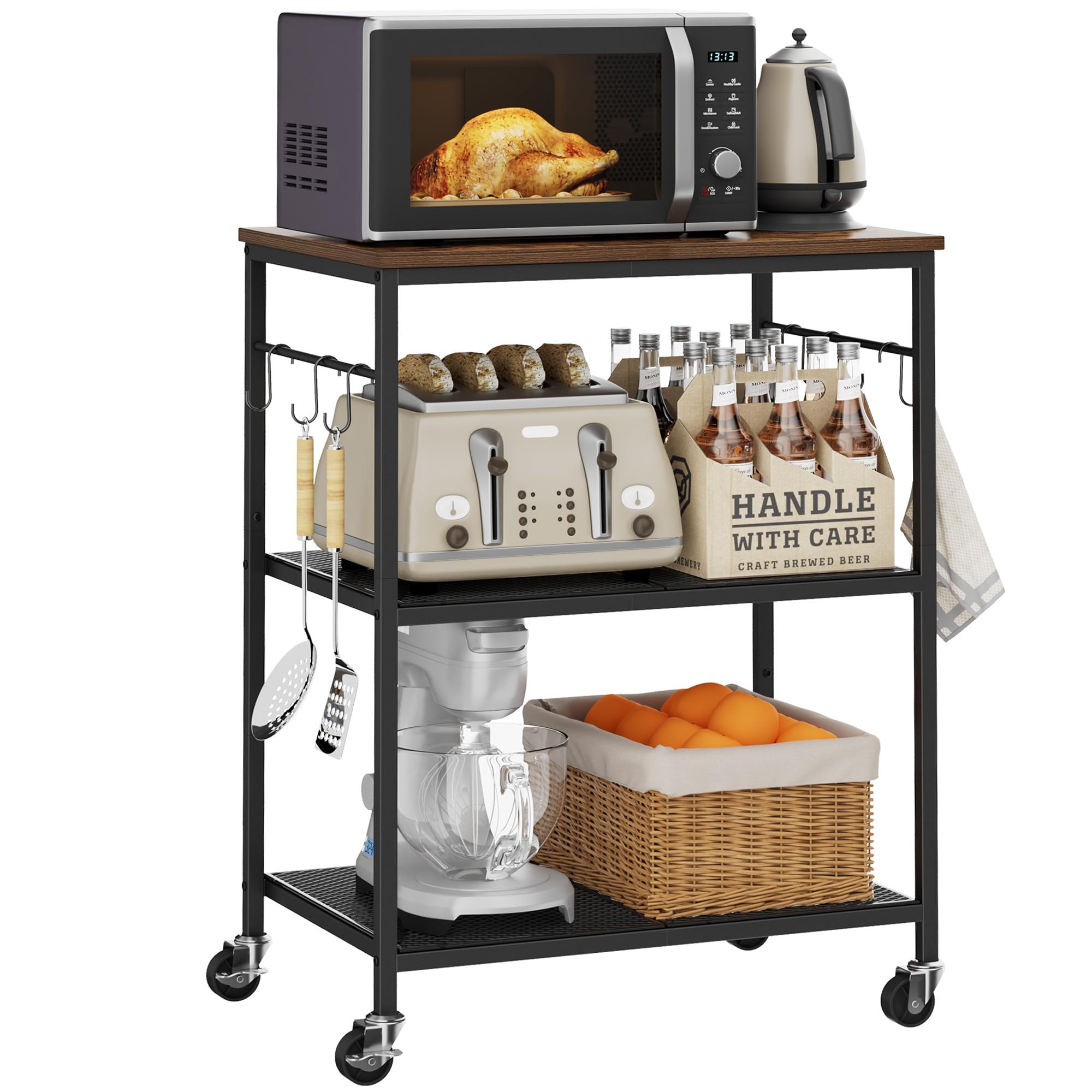 Homleke 3-Tier Rolling Kitchen Microwave Cart, Kitchen Utility Cart on Lockable Wheels, Coffee Bar Table Station with 6 S-Shaped Hooks, Small Appliance Storage Shelf, Rustic Brown and Black