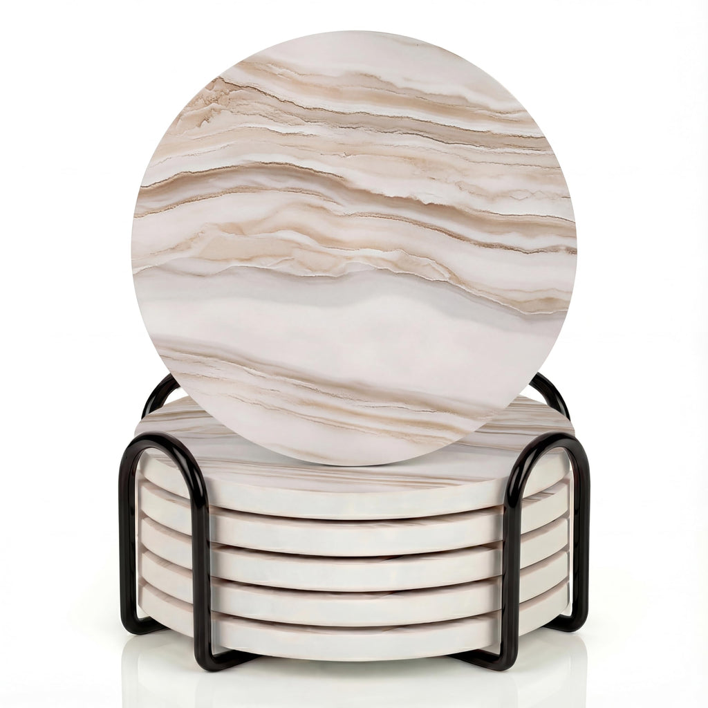 VEYRO Ceramic Coasters Set of 6 – Absorbent Stone Drink Coasters with Holder, Non-Slip Cork Backing, Modern Marble Look Coasters for Coffee Table, Desk & Home Decor