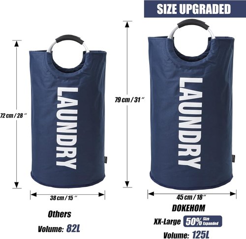 DOKEHOM X-Large Collapsible Laundry Basket Bag - 125L Capacity, Dark Blue Fabric, 7 Colors Available