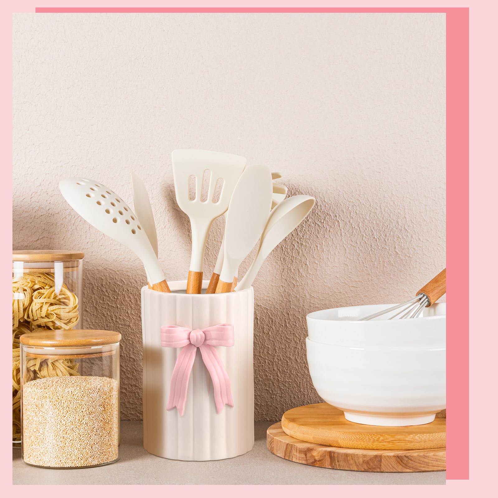 LemonRoad Pink Bow Ceramic Utensil Holder 3D Coquette Handmade Pink Kitchen Decor Mothers Day Kitchen Gifts Cooking Utensil Crock with Scalloped Preppy Caddy Pen Holder Vase for Countertop Spoon