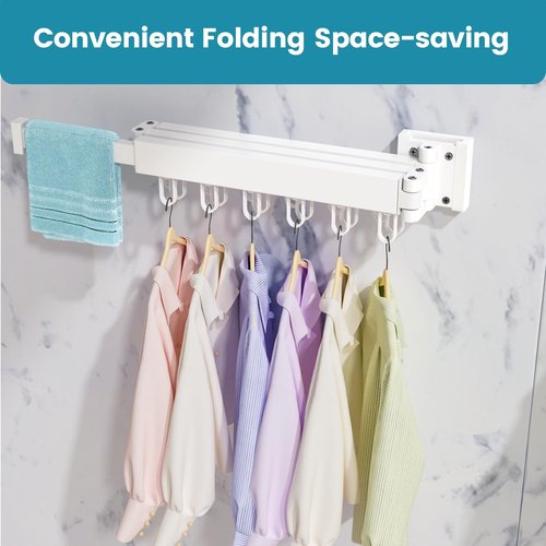 Abiglifty Clothes Drying Rack Wall Mounted, Laundry Drying Rack Collapsible, Foldable & Retractablewith 18 Hooks for Indoor/Outdoor Use inLaundry Room, Bathroom & Balcony (White)