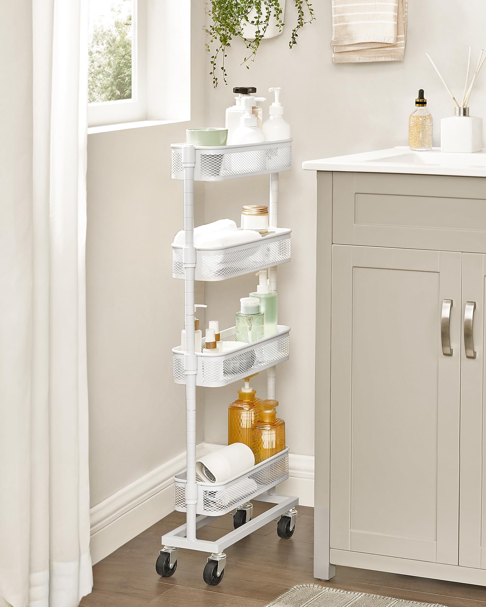 SONGMICS Slim Storage Cart, 4-Tier Metal Rolling Cart with Wheels, Flexible Baskets, Narrow Cart for Kitchen, Bathroom, Laundry Room, Easy Assembly, White UBSC065W01
