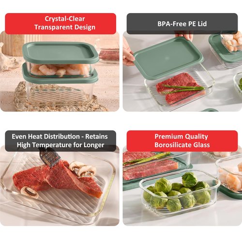 EATEX 7 Pack Glass Meal Prep Containers with Grooved Base, 7 Stackable BPA Free Glass Storage Containers with Lids for Lunch, Pantry, and Kitchen - Microwave, Dishwasher Freezer & Oven Safe - Sage