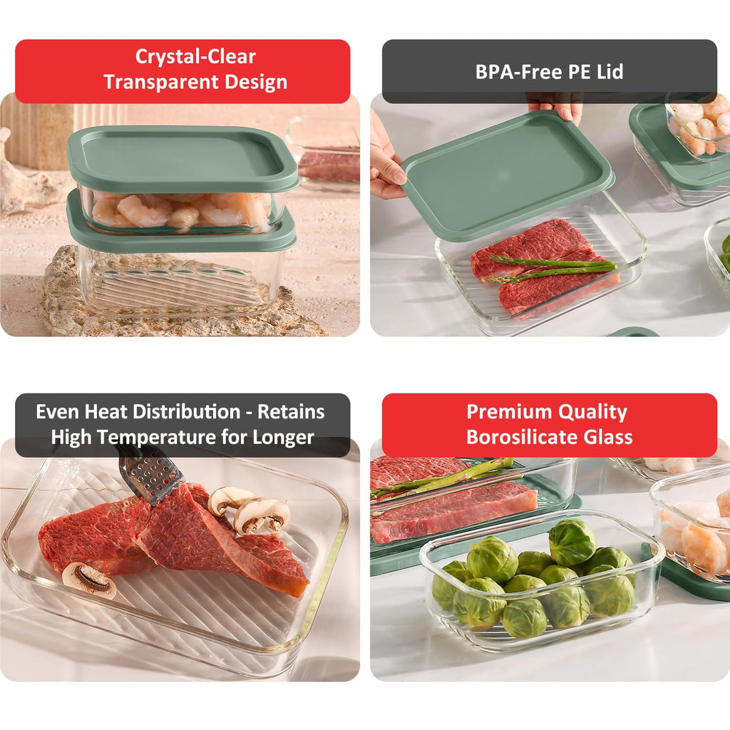 EATEX 6 Pack Glass Meal Prep Containers with Grooved Base, 6 Stackable BPA Free Glass Storage Containers with Lids for Lunch, Pantry, and Kitchen - Microwave, Dishwasher Freezer & Oven Safe - Sage